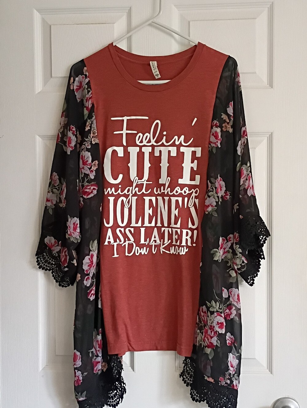 Rust Graphic Tee with Floral Kimono Overlay